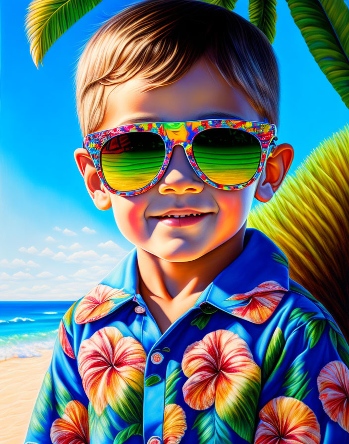 Colorful Digital Art: Young Boy in Floral Shirt and Sunglasses on Beach