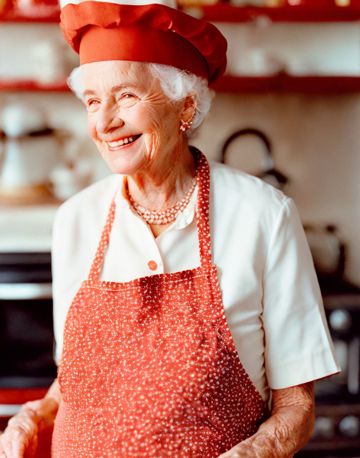 Elderly woman with white hair smiling in kitchen wearing red chef's hat, polka-dotted