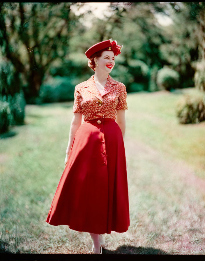 Smiling woman in vintage red outfit with pillbox hat and floral accessories outdoors