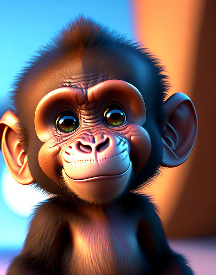 Detailed 3D illustration of a young monkey with brown eyes and textured fur