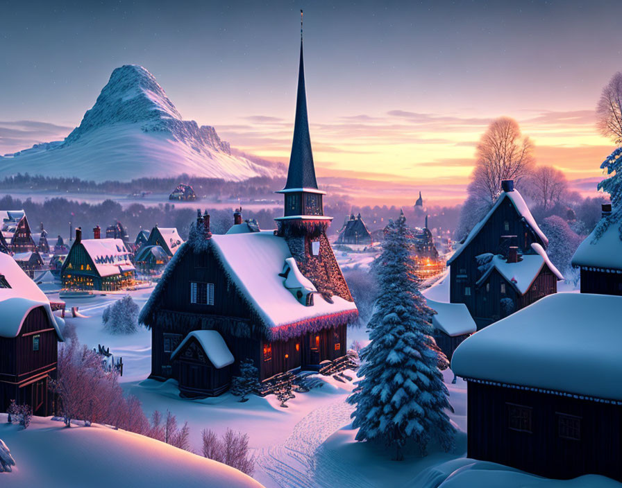 Winter village scene: traditional houses, church spire, mountain, pink and blue dusk sky