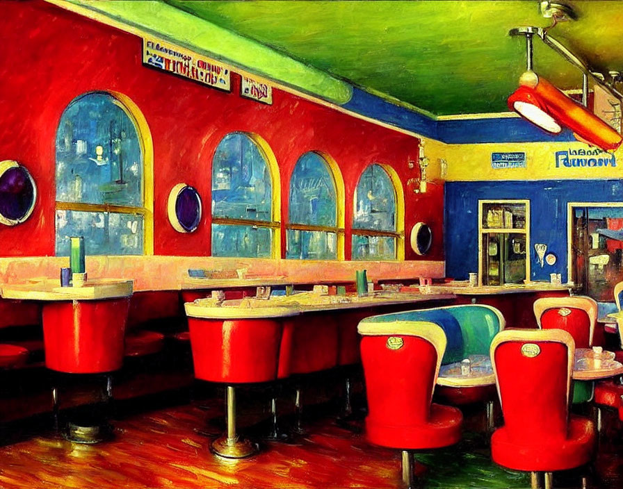 Vibrant retro diner interior with red and blue booths