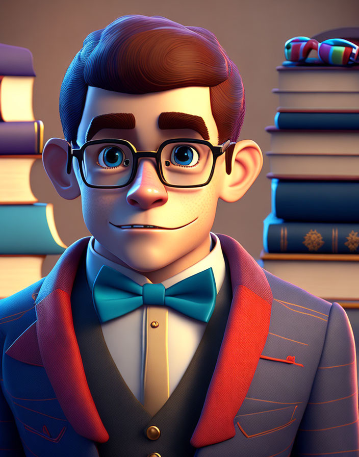 Young man with glasses in blue bow tie and plaid blazer, surrounded by books