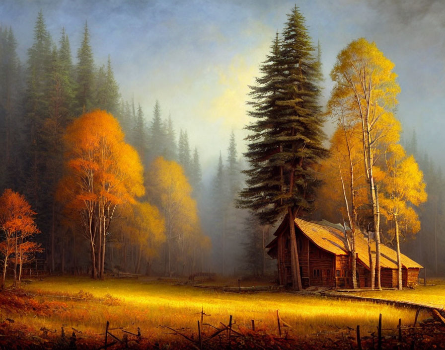 Rustic cabin in autumn forest with mist and golden meadow