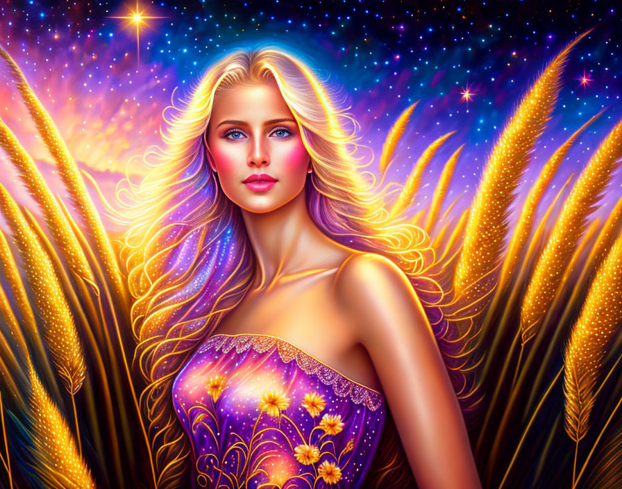 Woman with flowing hair in golden wheat under starry sky.