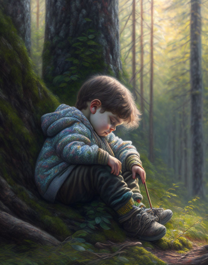 Child tying shoe in forest under soft sunlight