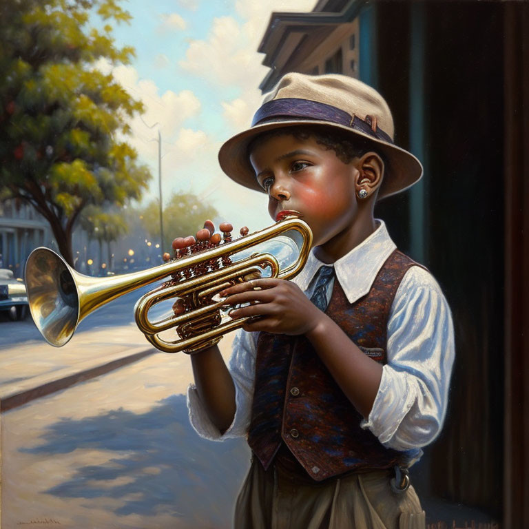 Young boy in hat and vest playing trumpet on sunny street with trees and warm glow