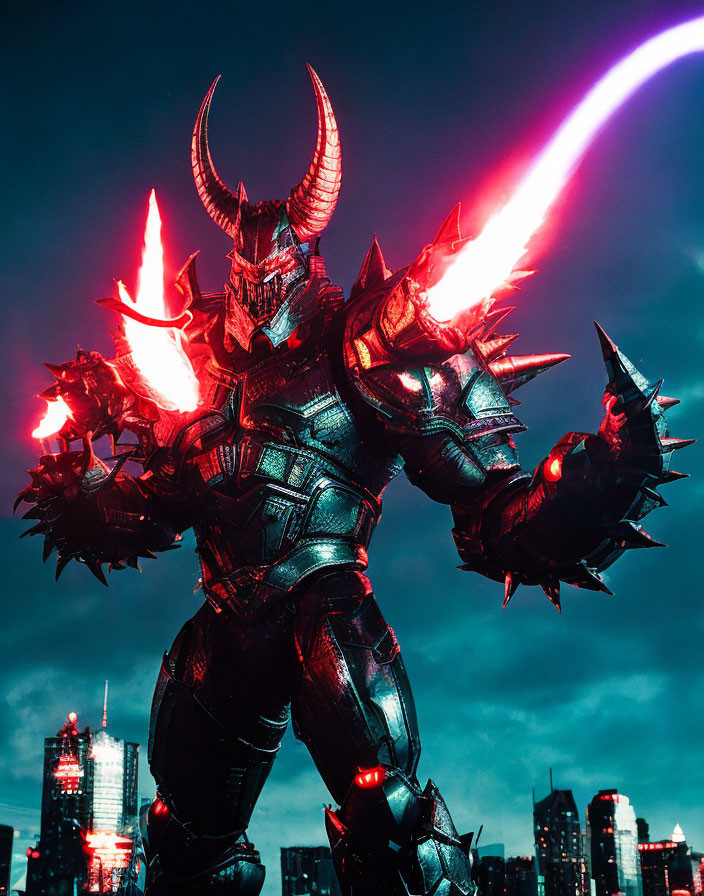 Sinister horned figure in spiked armor against cityscape with red lights and purple sky