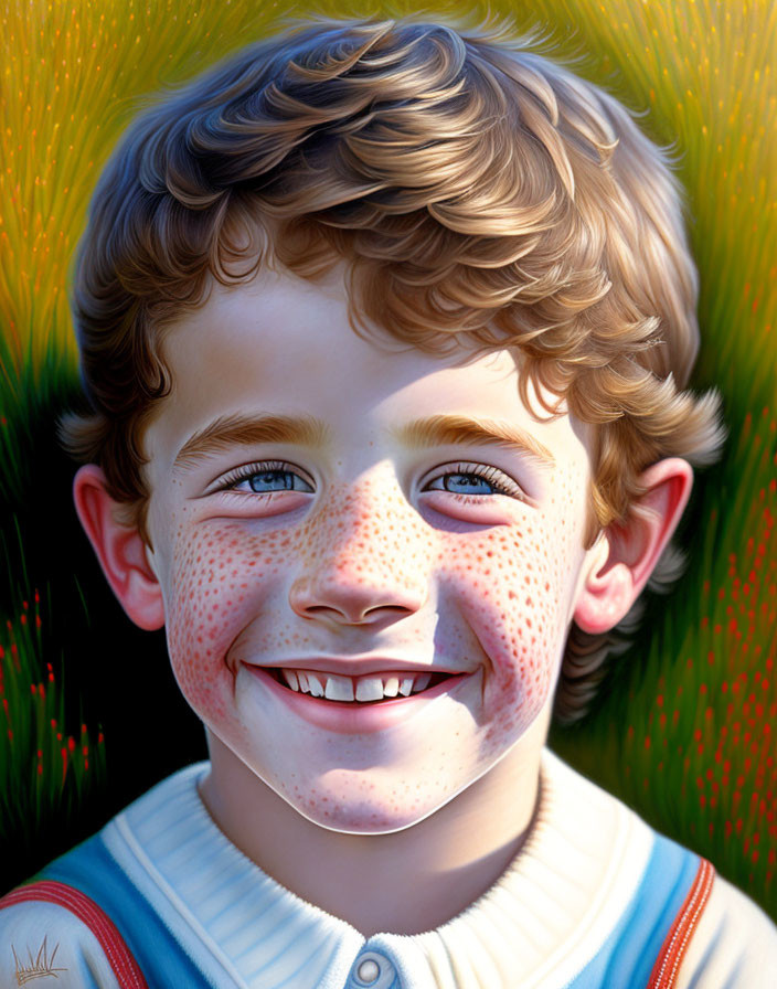 Smiling boy with curly hair and freckles in digital portrait