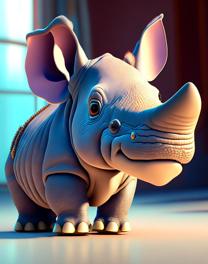 Stylized animated baby elephant with large ears in sunlit room