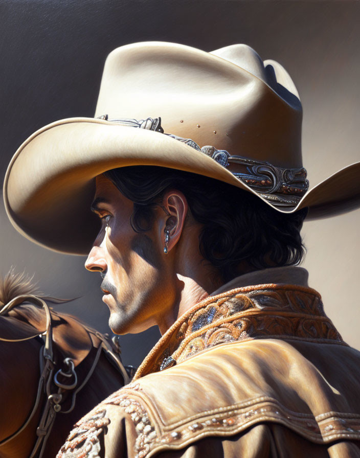 Detailed painting of man in cowboy hat with silver detailing, side profile focus.