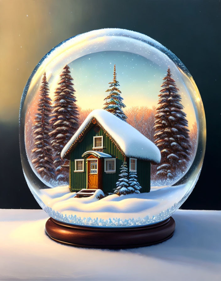 Snow globe with quaint house, pine trees, and snow under dusky winter sky