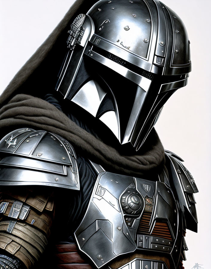 Detailed Illustration of Character in Metallic Helmet, Visor, Armored Shoulder Plates, and Dark Clo