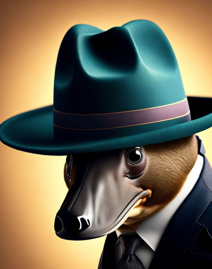 Sophisticated anthropomorphic anteater in suit and hat on warm-toned backdrop