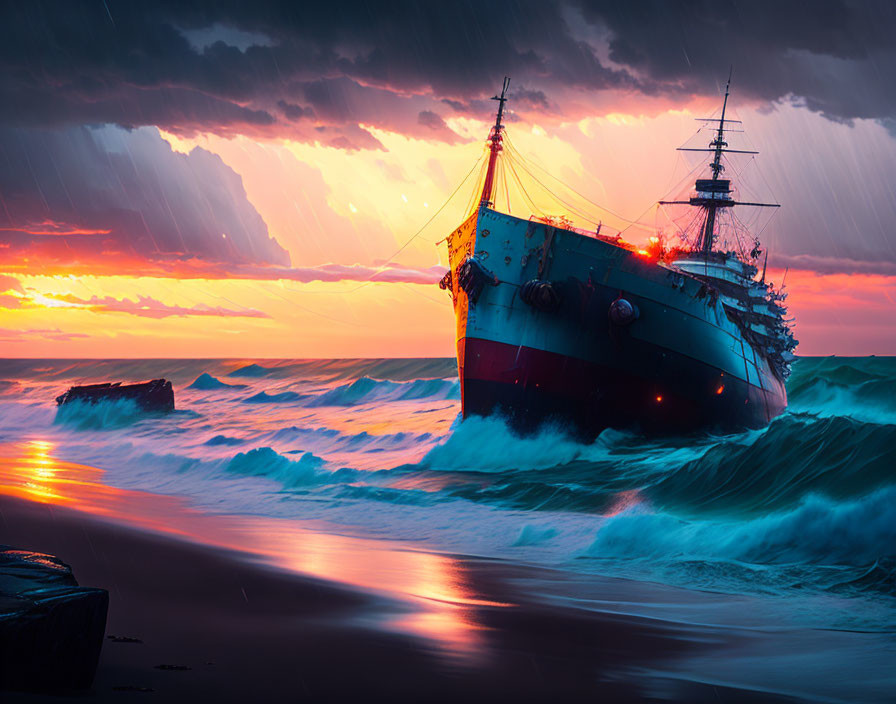 Ship at Sea in Vibrant Sunset with Stormy Skies and Rough Waves