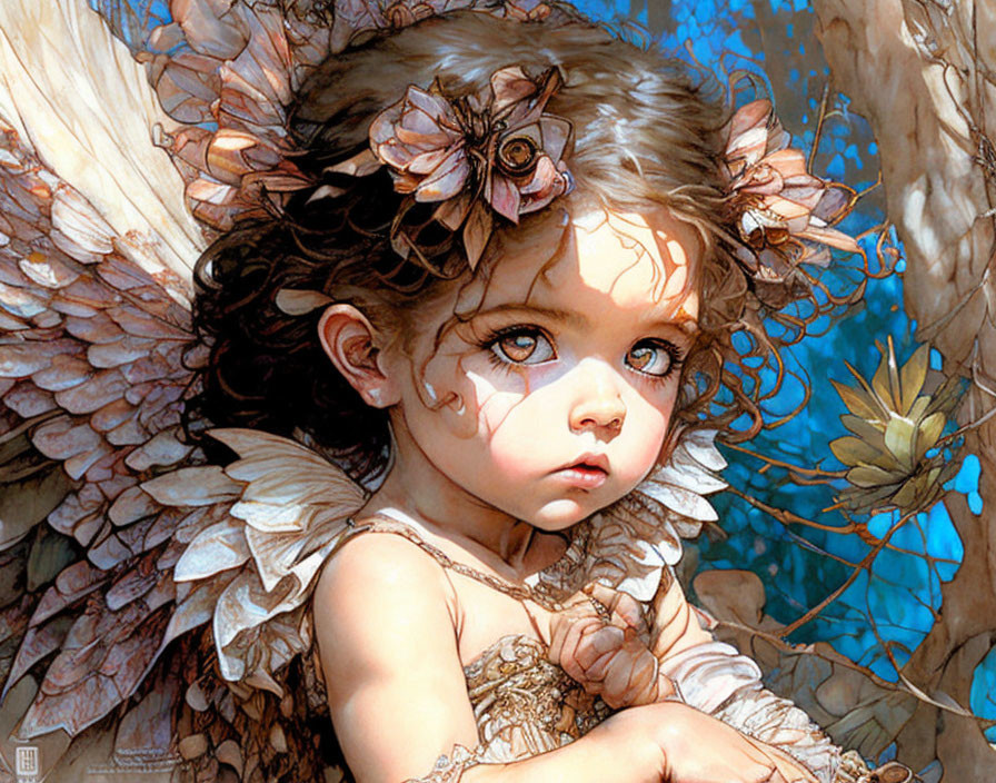 Young girl with angel wings and flower petals among tree branches and bird.