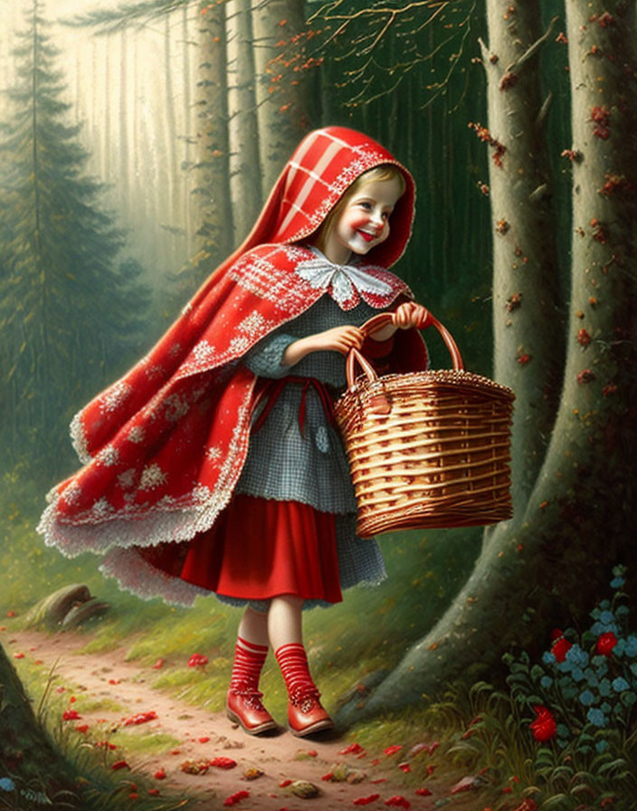 Young girl in red hooded cape on forest path with sunlight.