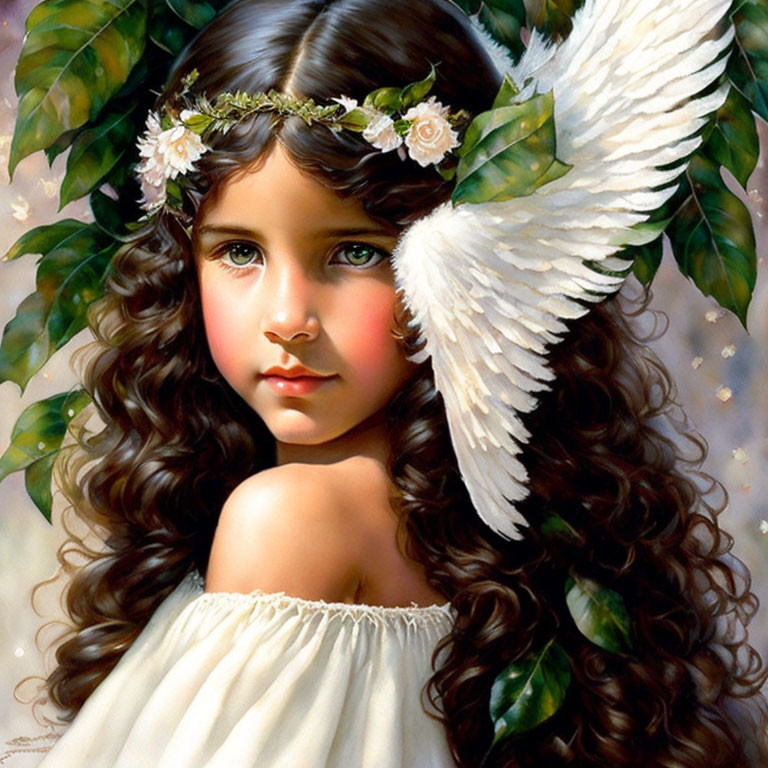 Portrait of young girl with angel wings, floral wreath, curly hair, and ethereal glow.