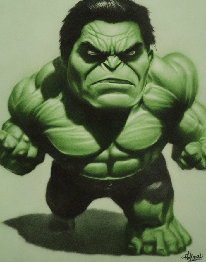 Menacing Hulk illustration with furrowed brows and clenched fists on greenish background