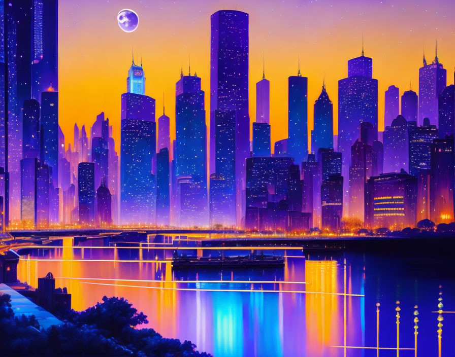 Neon-lit cityscape at night with skyline reflections and crescent moon