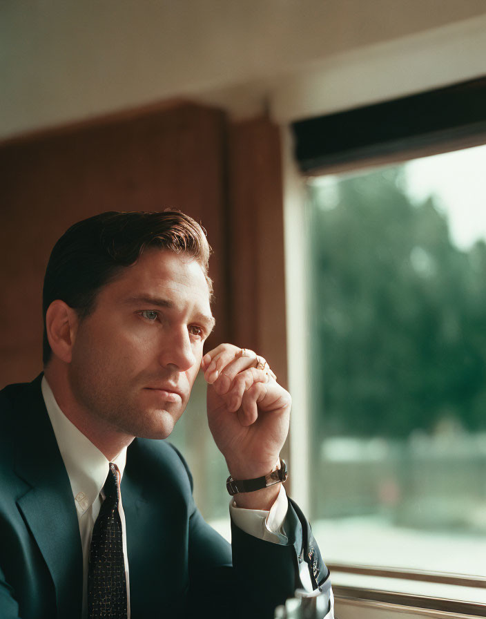 Professional man in suit deep in thought by window.