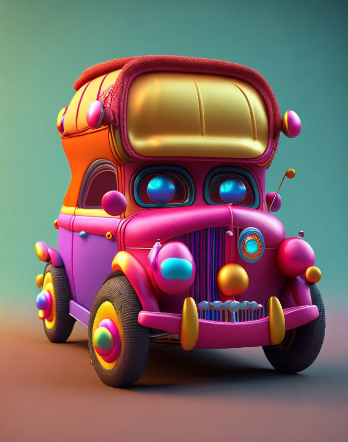 Colorful Cartoon Vehicle with Exaggerated Features and Vibrant Colors