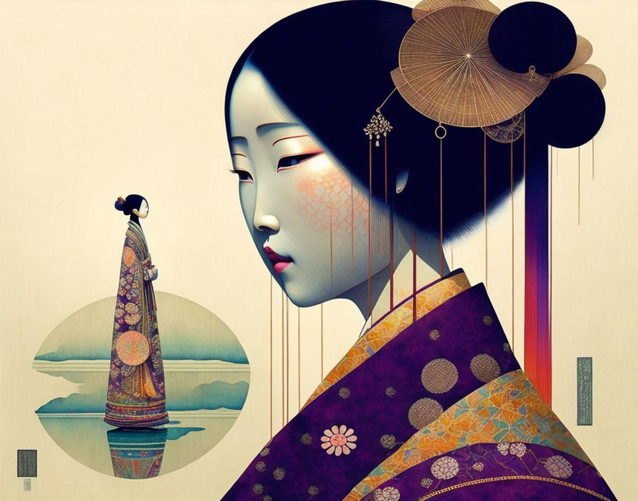 Traditional Japanese Attire Woman Illustration with Umbrella