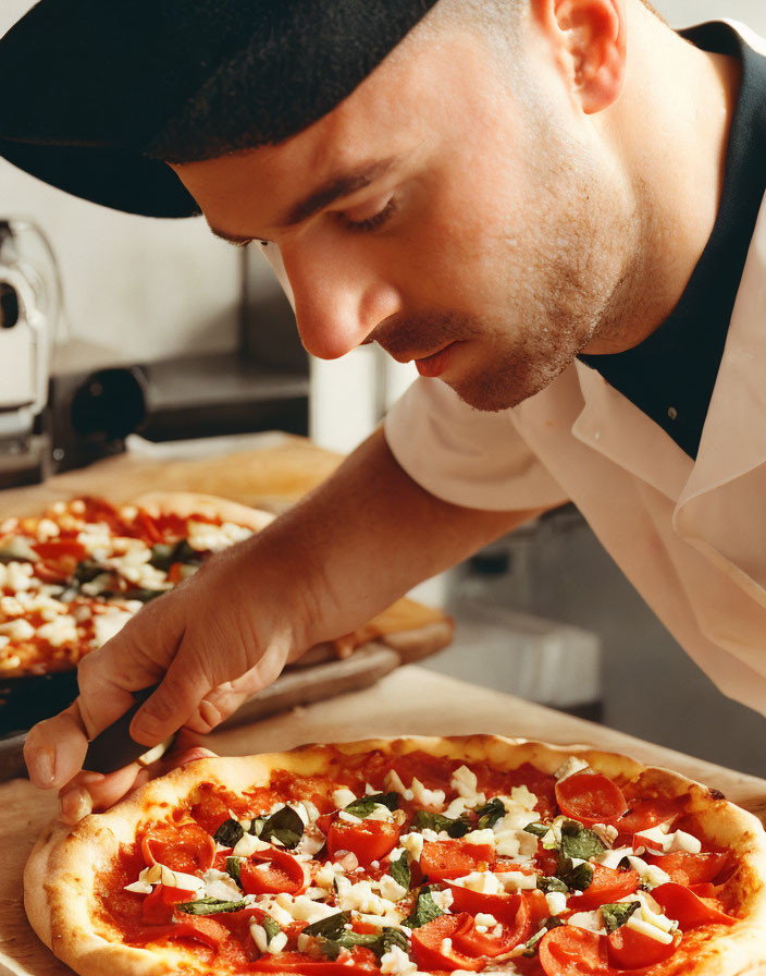 Chef garnishing freshly made pizza in black hat in kitchen