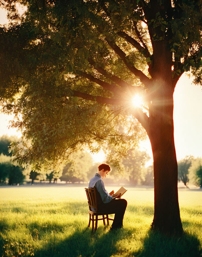 Person reading book under tree in sunlit field with wooden chair