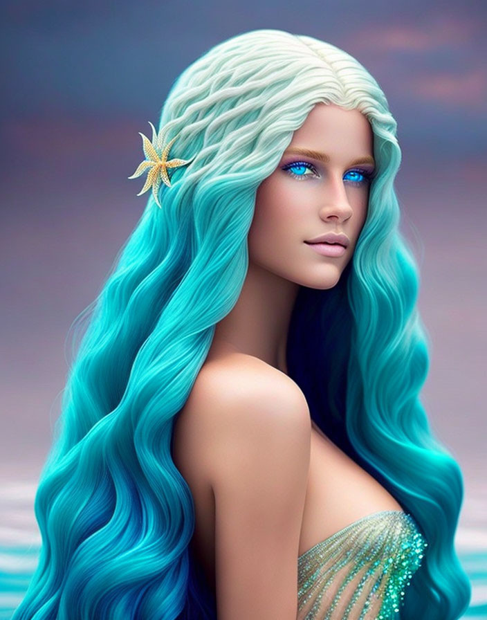 Fantasy digital portrait of woman with wavy turquoise hair and starfish accessory