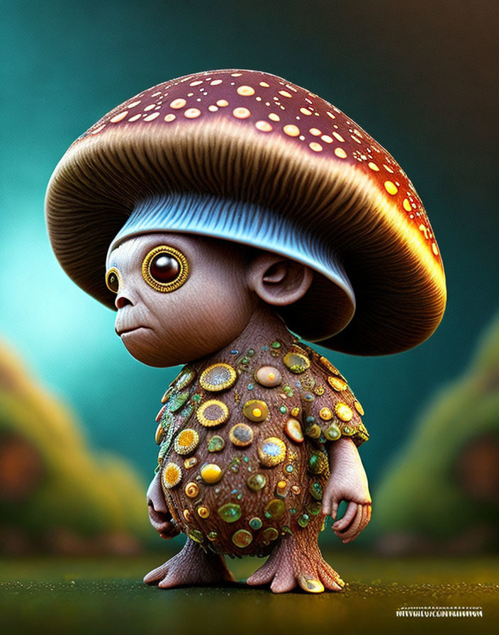 Illustration of creature with mushroom head and patterned body in forest.