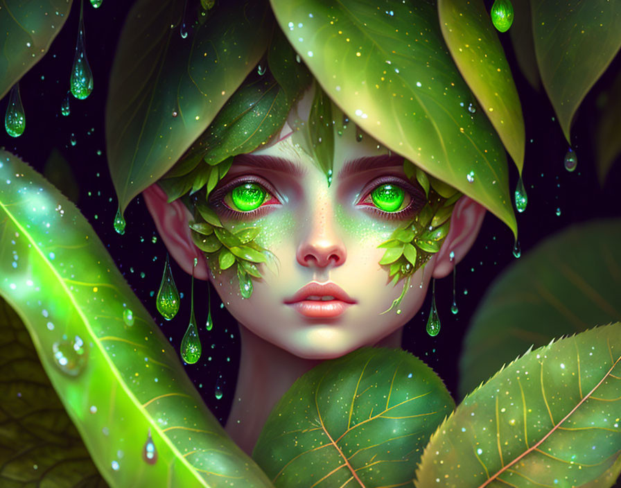 Fantasy character digital art with green eyes and leaf motifs.