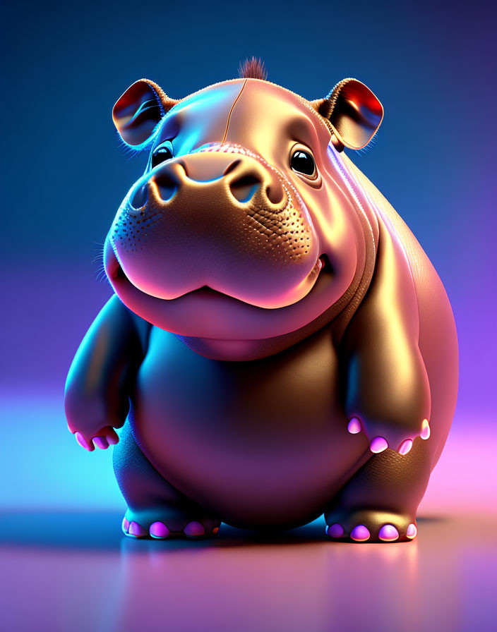 Glossy 3D-rendered hippopotamus under neon lights