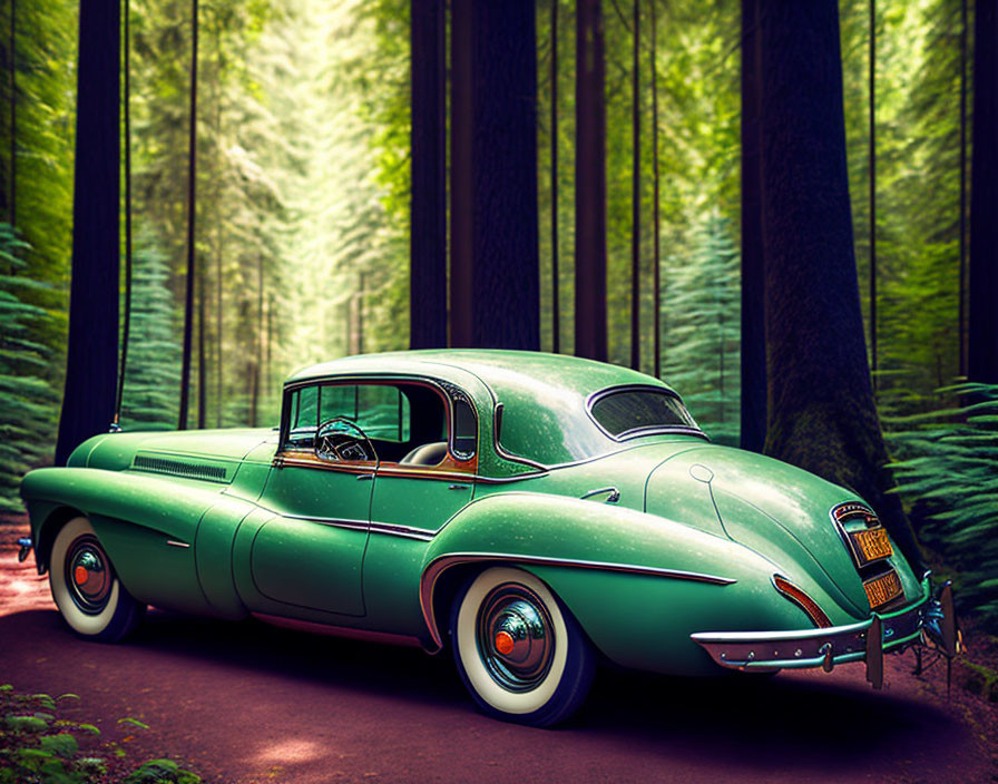 Vintage green car parked on forest road with tall trees and sunlight filtering through canopy