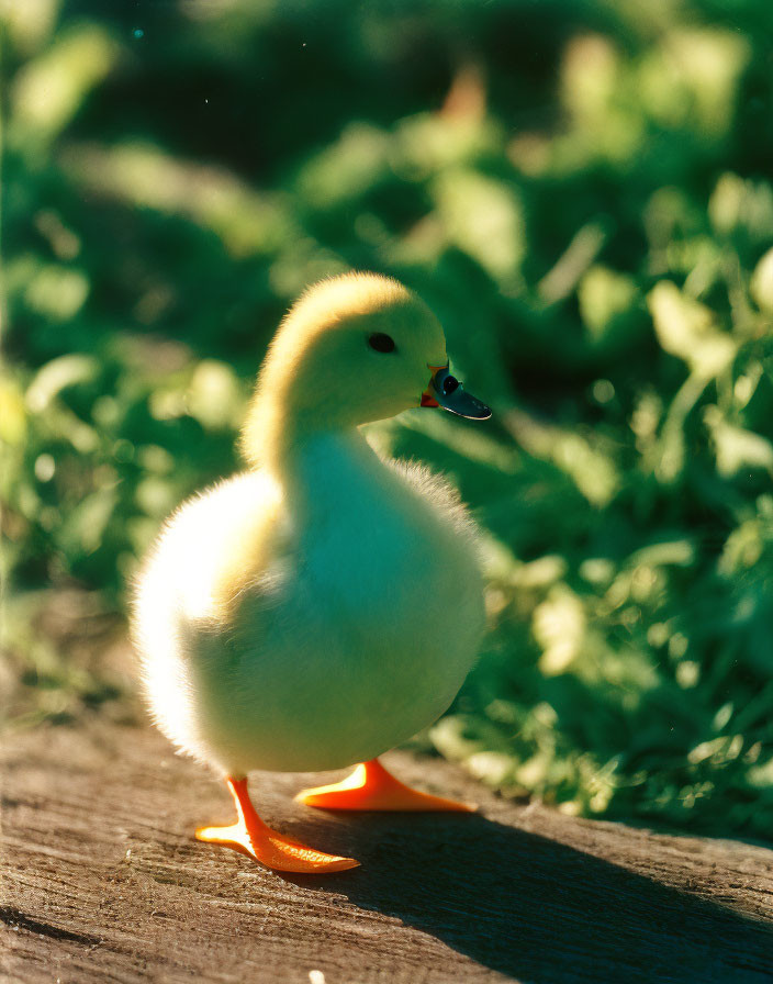 Yellow Duckling on Wooden Surface in Sunlight with Greenery