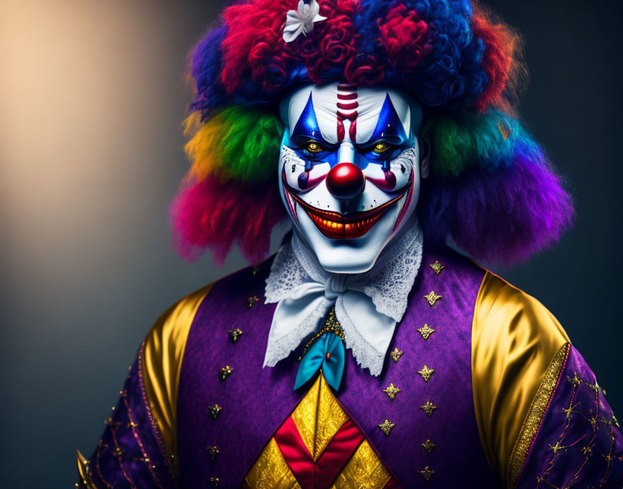 Vibrant clown with colorful makeup, multicolored wig, ruffled collar, and purple costume