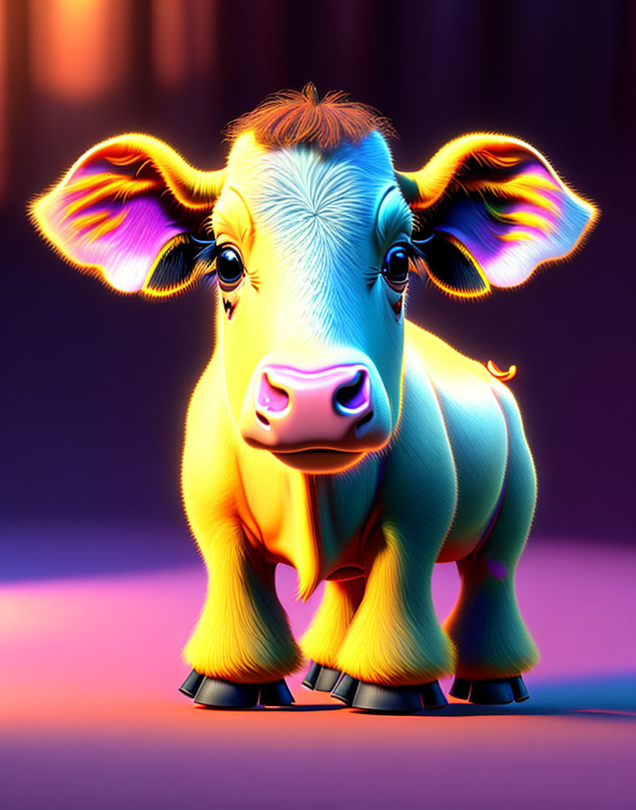 Young Cow Digital Illustration on Purple Background with Vibrant Lighting