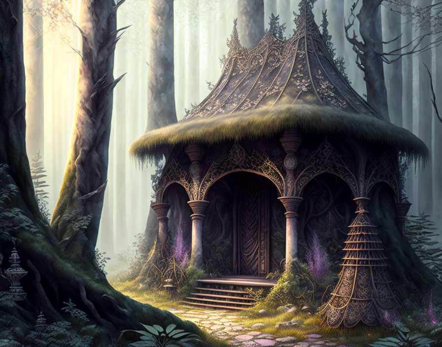 Mystical hut in enchanting forest with wood carvings