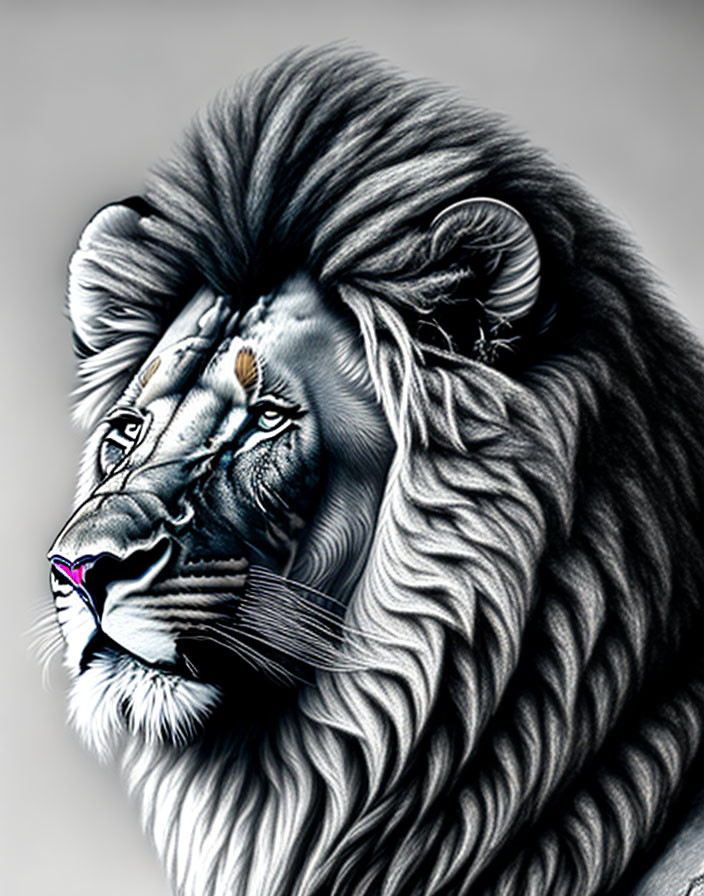 Detailed Black and White Lion Head with Intense Gaze