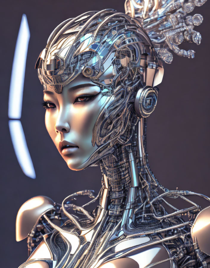 Futuristic female android with intricate mechanical details and wires in head on dark backdrop