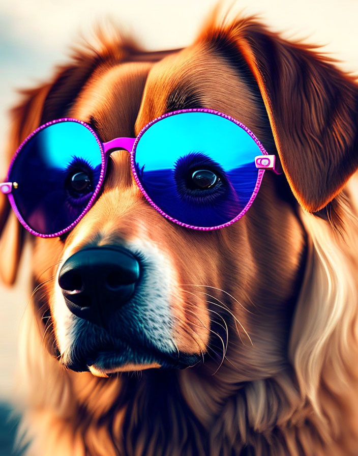 Brown Dog Wearing Purple Sunglasses in Close-Up Shot