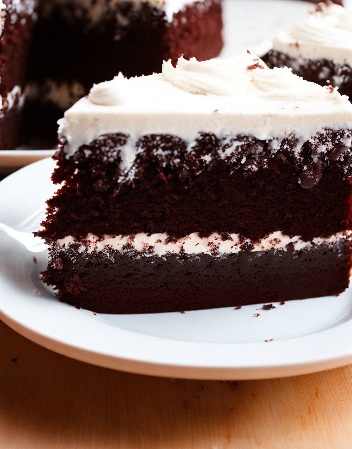 Layered Chocolate Cake with White Frosting on Plate