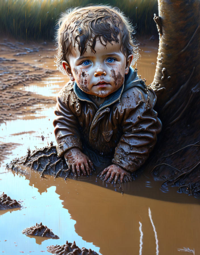 Child with blue eyes covered in mud staring at viewer