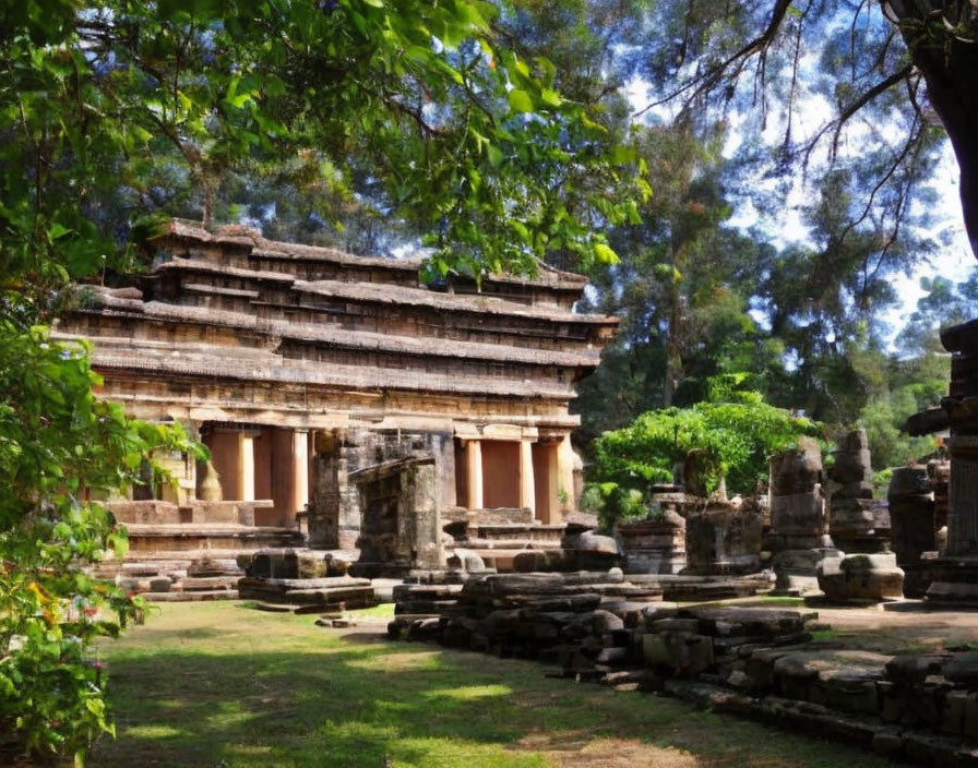 Ancient stone temple with intricate carvings in lush green setting