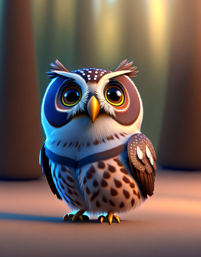 Colorful Stylized Animated Owl with Detailed Feathers on Softly Lit Background