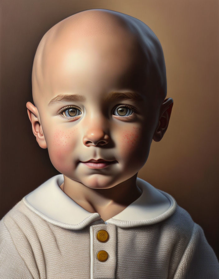 Digital artwork: Child with bald head, big brown eyes, rosy cheeks in white-collar shirt