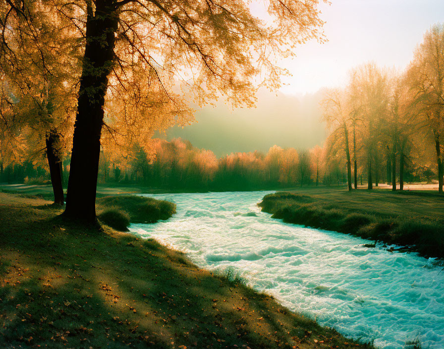 Tranquil river in autumn park with golden trees