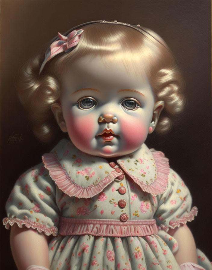 Vintage-style painting of a doll with curly blond hair, blue eyes, pink bow, green dress.