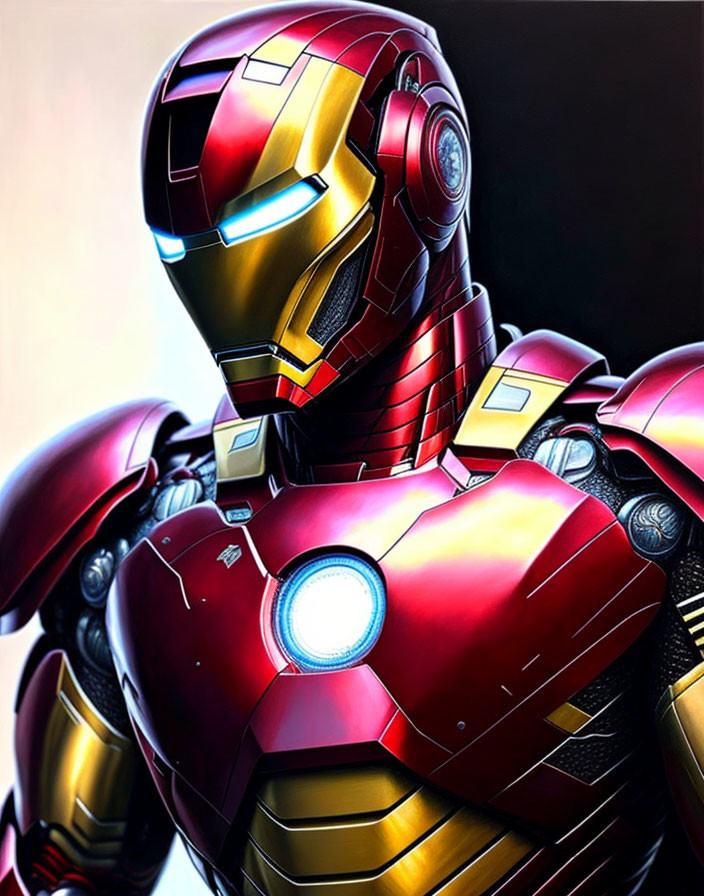 Detailed view of red and gold Iron Man suit with glowing blue eyes and chest arc reactor