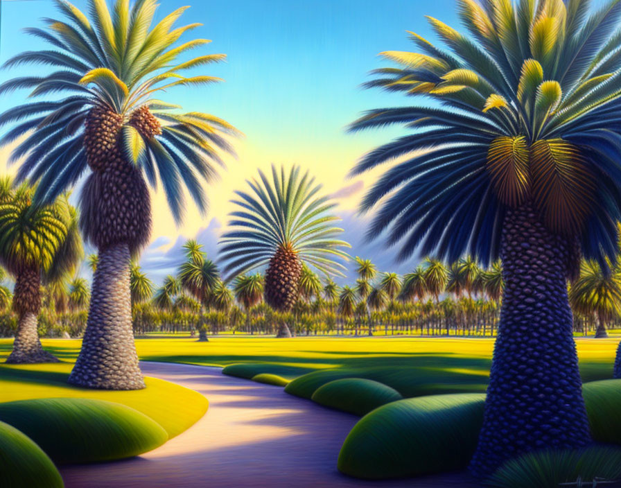 Tranquil palm tree grove painting with lush greenery and blue river